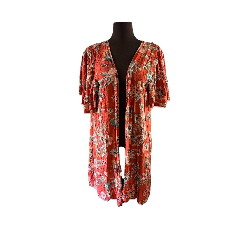 Maurices Women Sweater Large Orange Floral Cardigan Flared Short Sleeve Boho